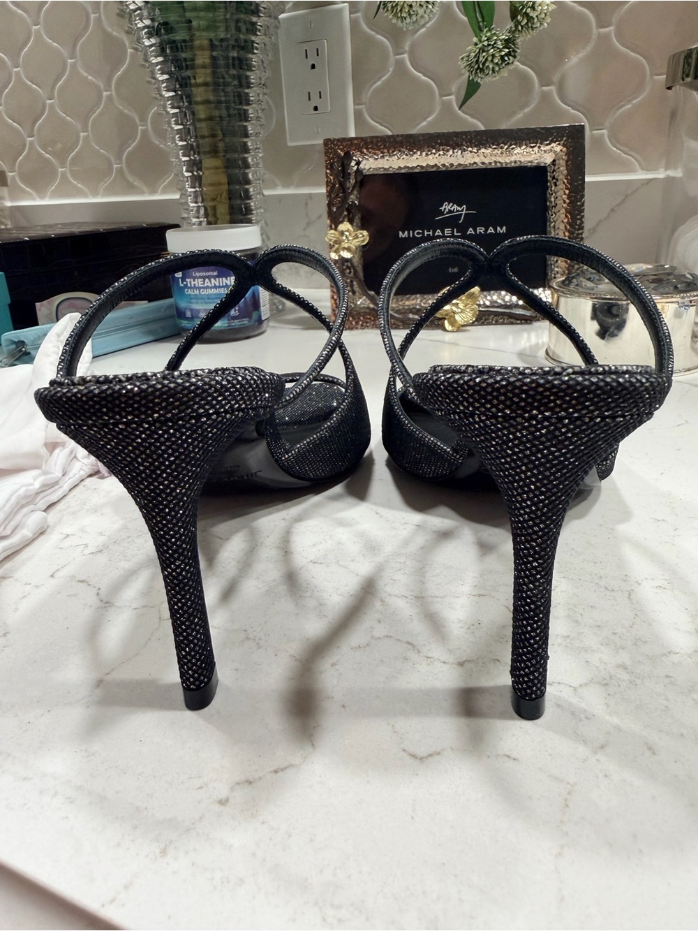 Never worn! Jimmy Choo Black Sparkle Crisscross High Heel Sandals - Picture 2 of 4